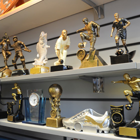 A selection of trophies on a shelf